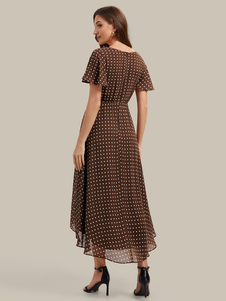Color=Brown polka dots | Fast Delivery Short Sleeve Ruffle V-Neck Polka Dot A-Line High-Low Wedding Guest Dresses-Brown polka dots 12