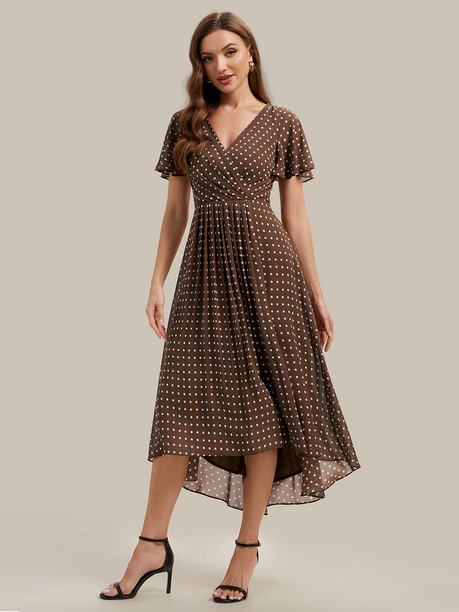 Color=Brown polka dots | Fast Delivery Short Sleeve Ruffle V-Neck Polka Dot A-Line High-Low Wedding Guest Dresses-Brown polka dots 14