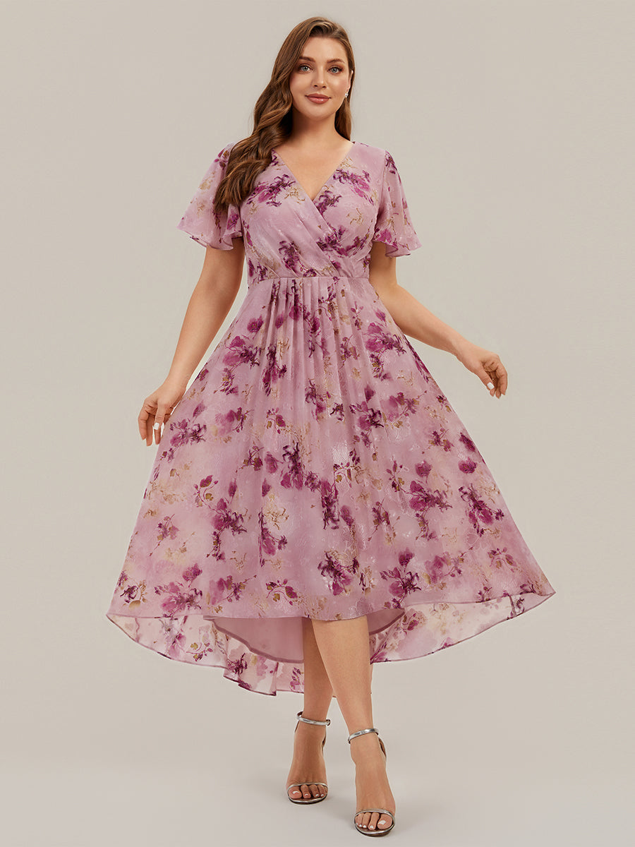 Color=Light Purple Print | Fast Delivery Short Sleeve Ruffle V-Neck Polka Dot A-Line High-Low Wedding Guest Dresses-Light Purple Print 30