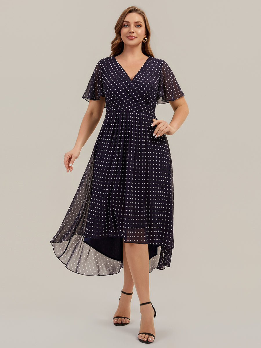 Color=Navy blue polka dots | Fast Delivery Short Sleeve Ruffle V-Neck Polka Dot A-Line High-Low Wedding Guest Dresses-Navy blue polka dots 36