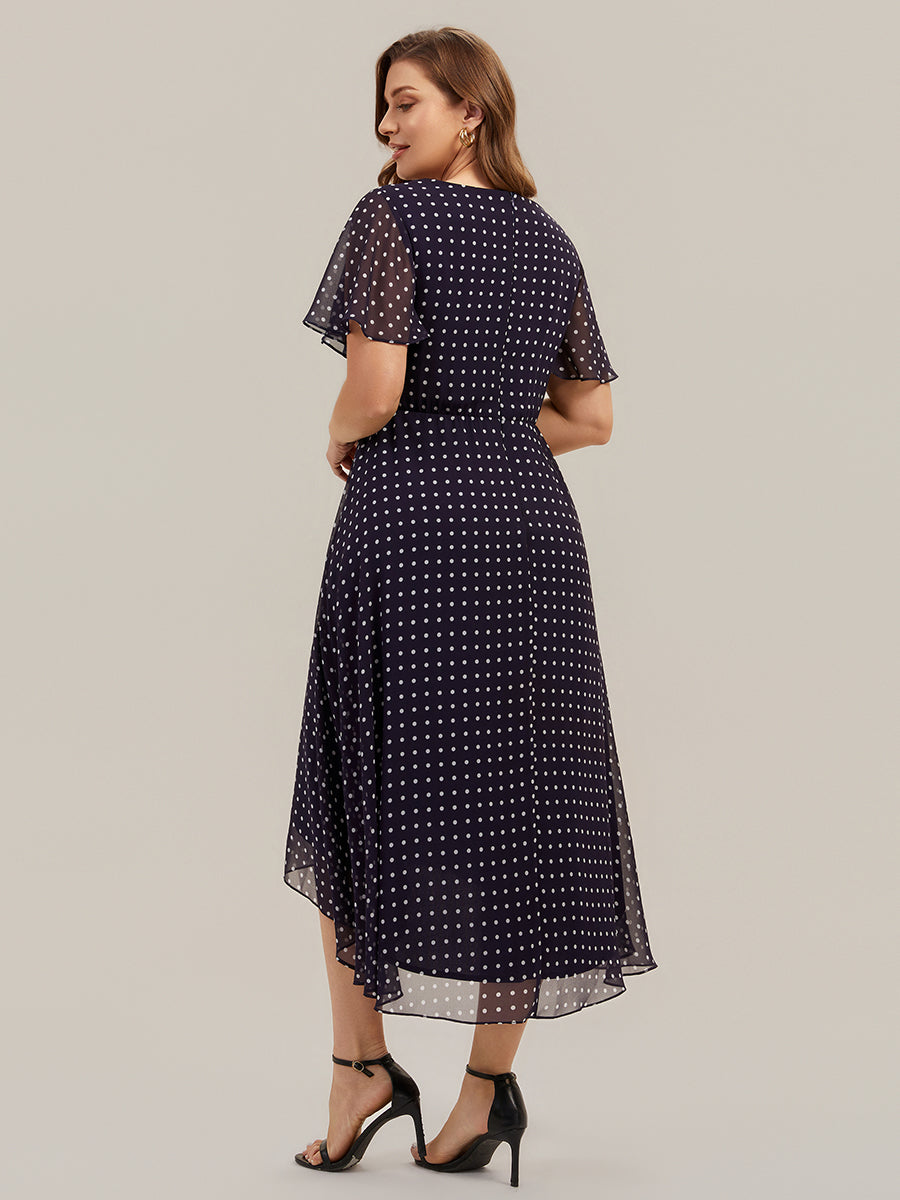Color=Navy blue polka dots | Fast Delivery Short Sleeve Ruffle V-Neck Polka Dot A-Line High-Low Wedding Guest Dresses-Navy blue polka dots 37