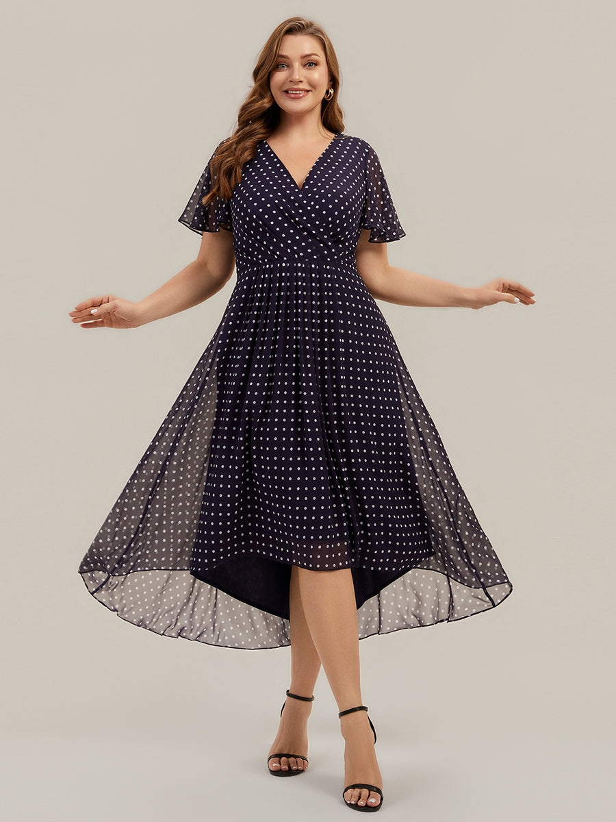 Color=Navy blue polka dots | Fast Delivery Short Sleeve Ruffle V-Neck Polka Dot A-Line High-Low Wedding Guest Dresses-Navy blue polka dots 40