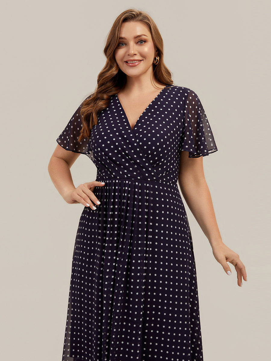 Color=Navy blue polka dots | Fast Delivery Short Sleeve Ruffle V-Neck Polka Dot A-Line High-Low Wedding Guest Dresses-Navy blue polka dots 38