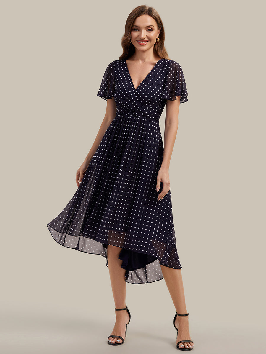 Color=Navy blue polka dots | Fast Delivery Short Sleeve Ruffle V-Neck Polka Dot A-Line High-Low Wedding Guest Dresses-Navy blue polka dots 31