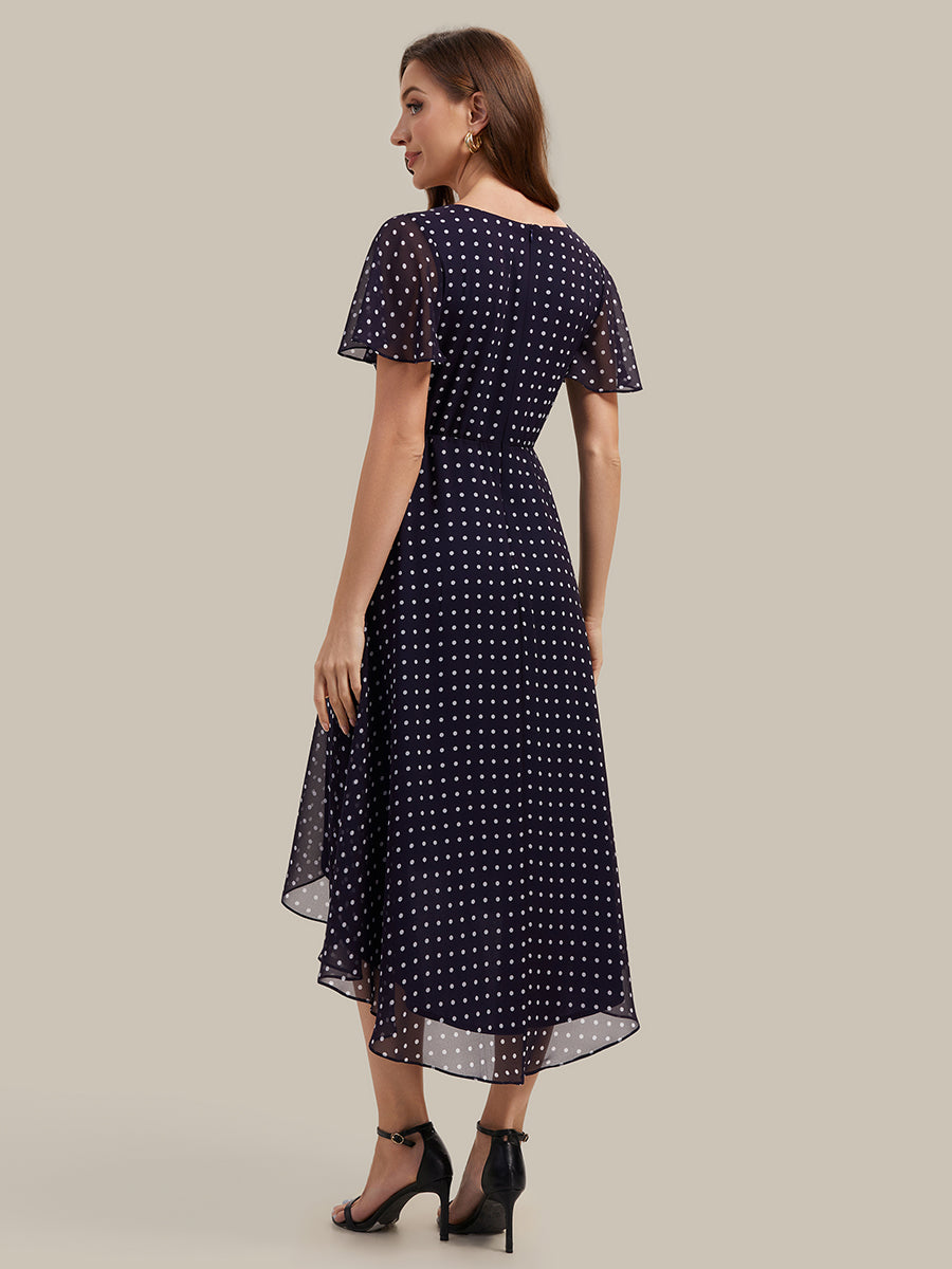 Color=Navy blue polka dots | Fast Delivery Short Sleeve Ruffle V-Neck Polka Dot A-Line High-Low Wedding Guest Dresses-Navy blue polka dots 32