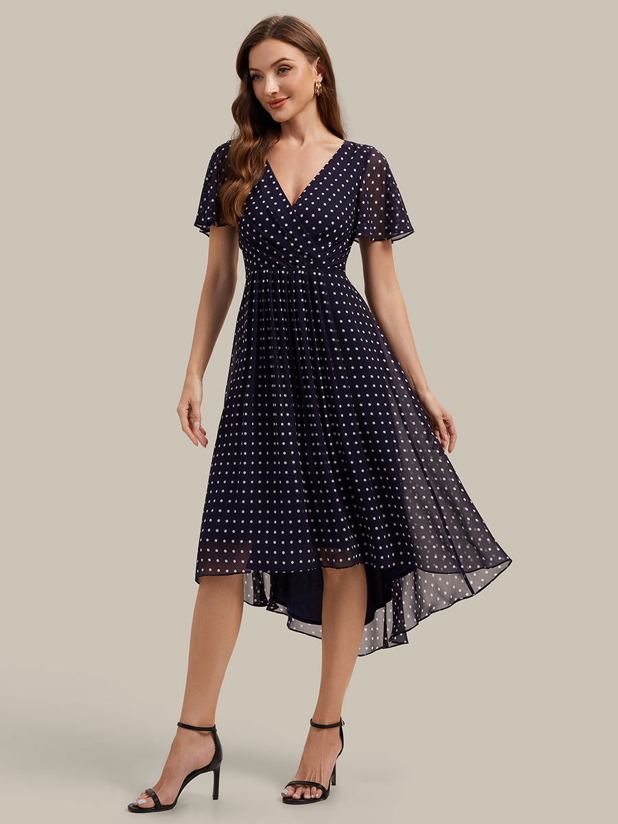 Color=Navy blue polka dots | Fast Delivery Short Sleeve Ruffle V-Neck Polka Dot A-Line High-Low Wedding Guest Dresses-Navy blue polka dots 34