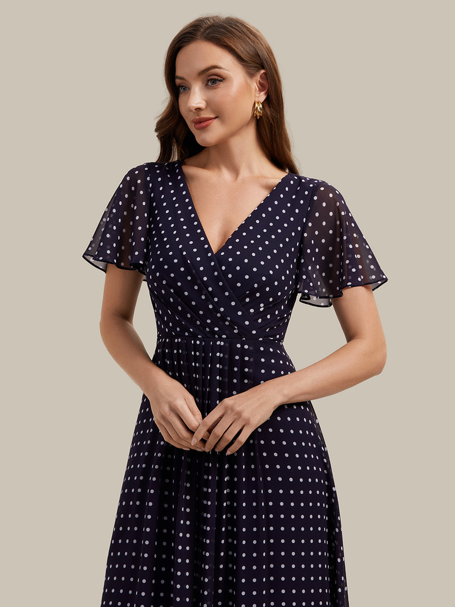 Color=Navy blue polka dots | Fast Delivery Short Sleeve Ruffle V-Neck Polka Dot A-Line High-Low Wedding Guest Dresses-Navy blue polka dots 33