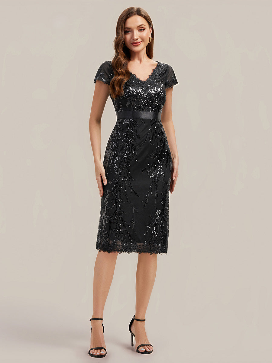 Color=Black | Industrial Use Short Sleeve Sequin Deep V-Neck Sheath Knee Length Wedding Guest Dresses-Black 1