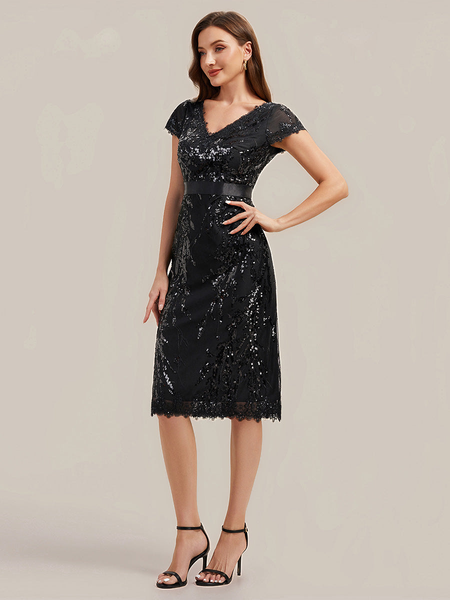 Color=Black | Industrial Use Short Sleeve Sequin Deep V-Neck Sheath Knee Length Wedding Guest Dresses-Black 4