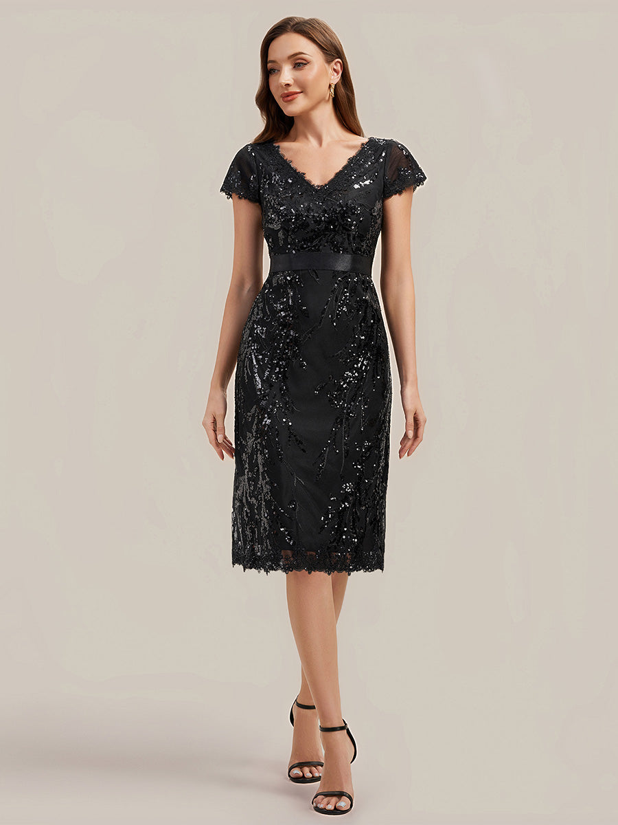 Color=Black | Industrial Use Short Sleeve Sequin Deep V-Neck Sheath Knee Length Wedding Guest Dresses-Black 5