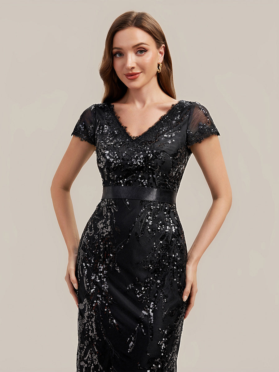Color=Black | Industrial Use Short Sleeve Sequin Deep V-Neck Sheath Knee Length Wedding Guest Dresses-Black 3