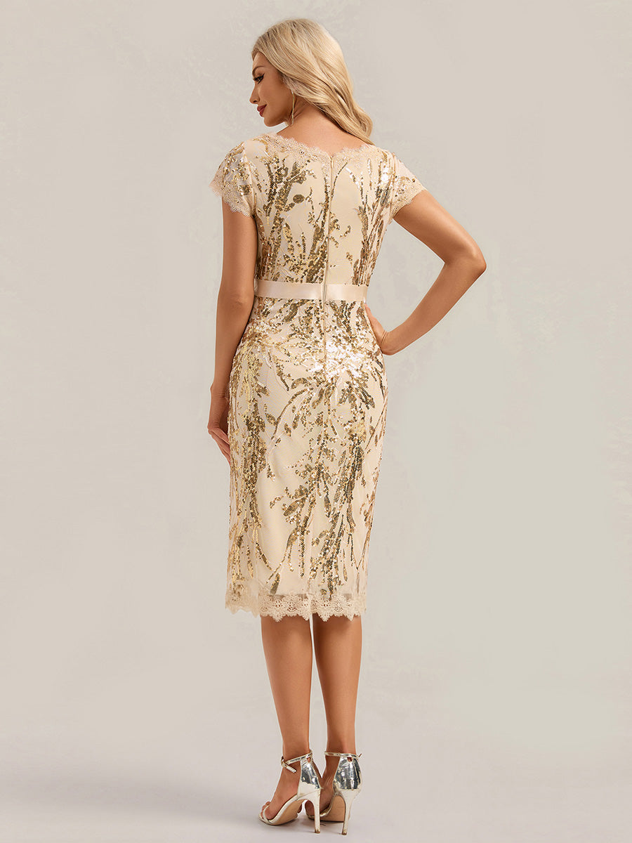 Color=Gold | Industrial Use Short Sleeve Sequin Deep V-Neck Sheath Knee Length Wedding Guest Dresses-Gold 7