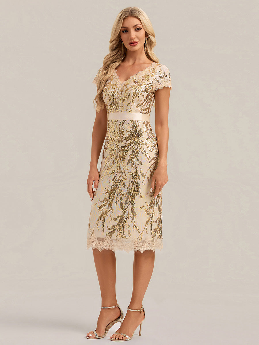 Color=Gold | Industrial Use Short Sleeve Sequin Deep V-Neck Sheath Knee Length Wedding Guest Dresses-Gold 10