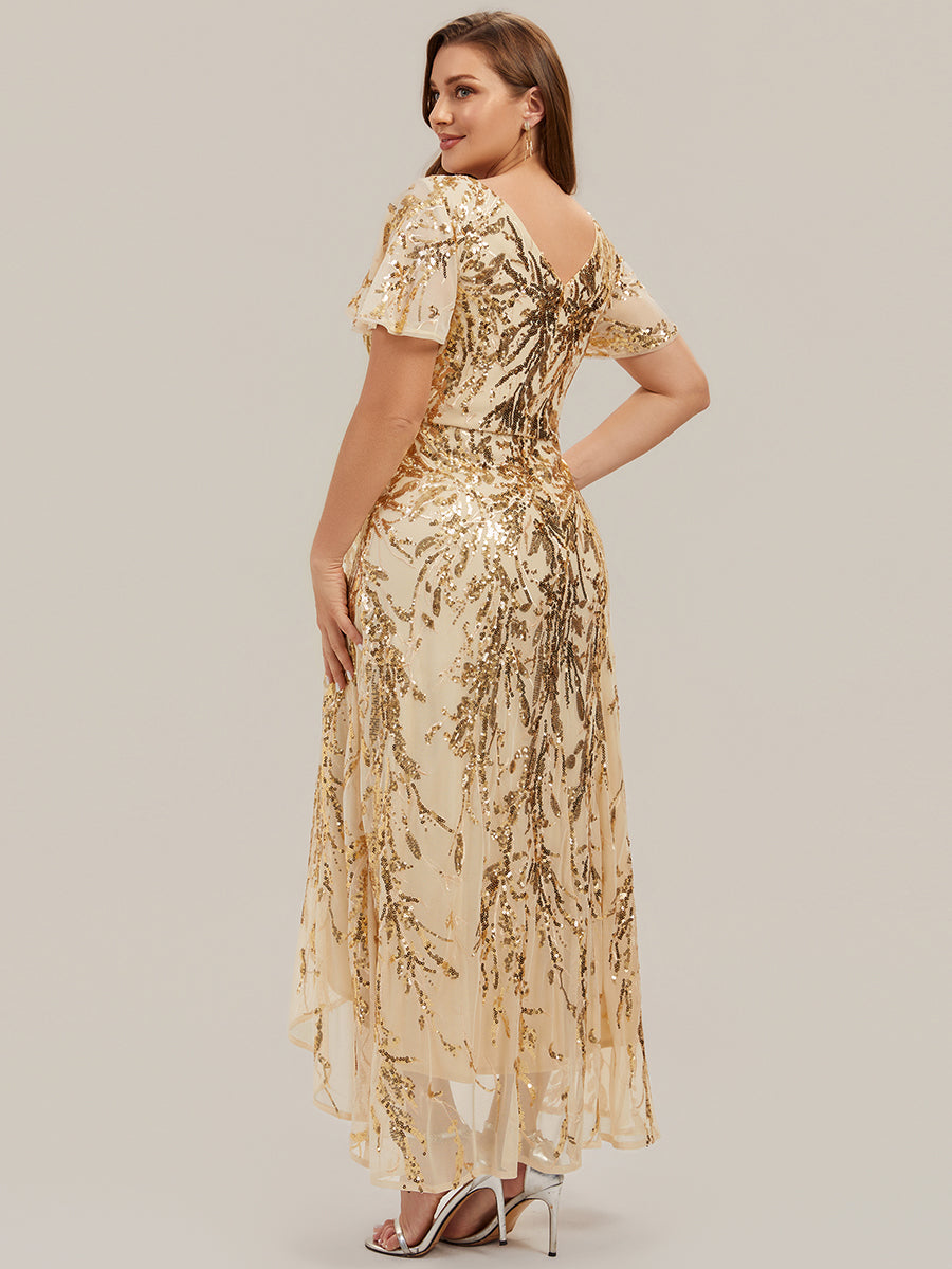 Color=Gold | One Stop Shop Short Sleeve Ruffle Sequin V-Neck High-Low Wedding Guest Dresses-Gold 7