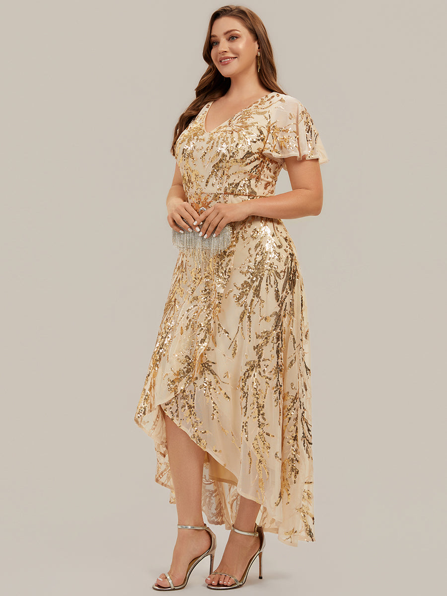 Color=Gold | One Stop Shop Short Sleeve Ruffle Sequin V-Neck High-Low Wedding Guest Dresses-Gold 9