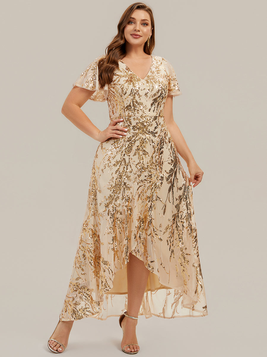 Color=Gold | One Stop Shop Short Sleeve Ruffle Sequin V-Neck High-Low Wedding Guest Dresses-Gold 10