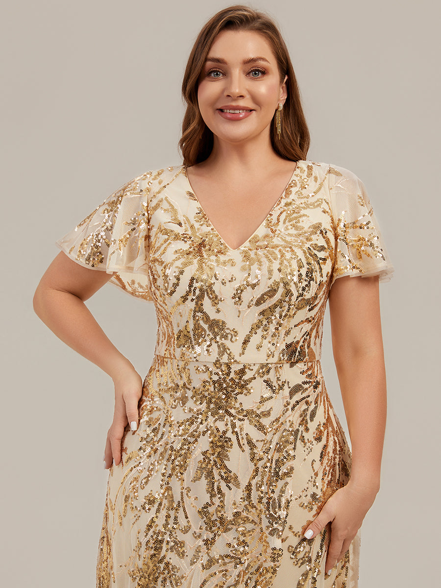 Color=Gold | One Stop Shop Short Sleeve Ruffle Sequin V-Neck High-Low Wedding Guest Dresses-Gold 8