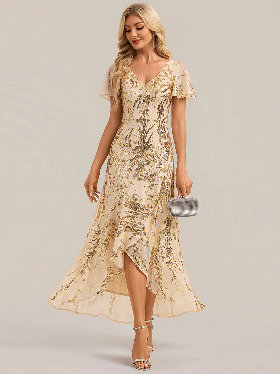 Color=Gold | One Stop Shop Short Sleeve Ruffle Sequin V-Neck High-Low Wedding Guest Dresses-Gold 1