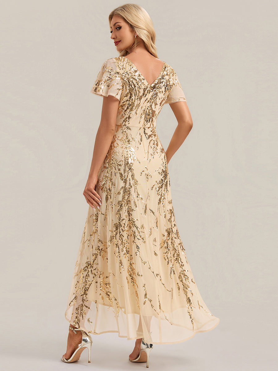 Color=Gold | One Stop Shop Short Sleeve Ruffle Sequin V-Neck High-Low Wedding Guest Dresses-Gold 2
