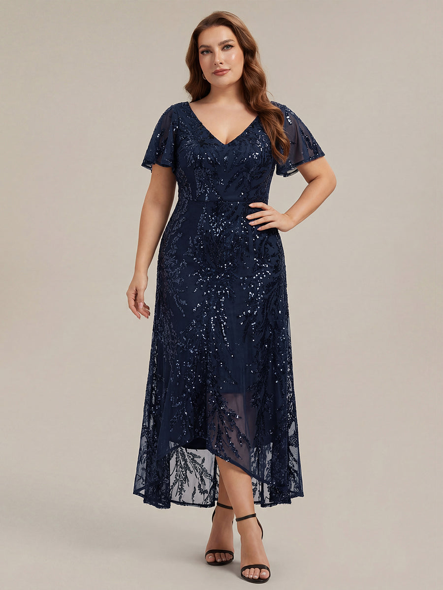 Color=Navy Blue | One Stop Shop Short Sleeve Ruffle Sequin V-Neck High-Low Wedding Guest Dresses-Navy Blue 16