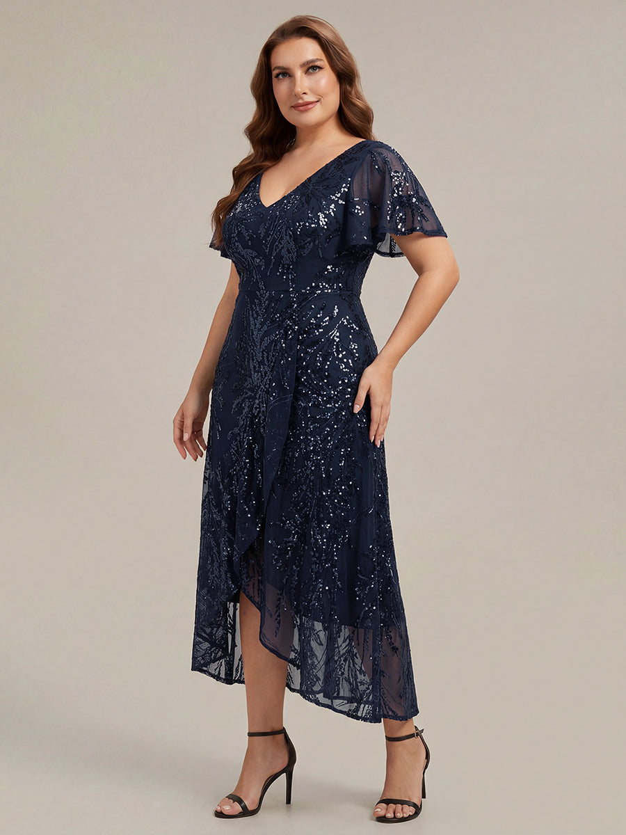 Color=Navy Blue | One Stop Shop Short Sleeve Ruffle Sequin V-Neck High-Low Wedding Guest Dresses-Navy Blue 19