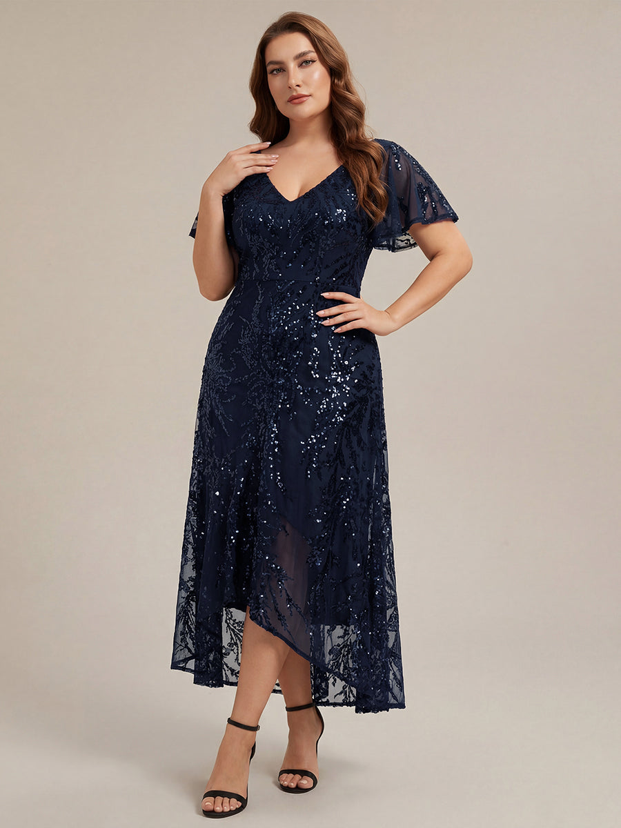 Color=Navy Blue | One Stop Shop Short Sleeve Ruffle Sequin V-Neck High-Low Wedding Guest Dresses-Navy Blue 20