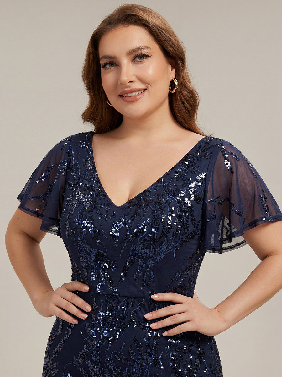 Color=Navy Blue | One Stop Shop Short Sleeve Ruffle Sequin V-Neck High-Low Wedding Guest Dresses-Navy Blue 18