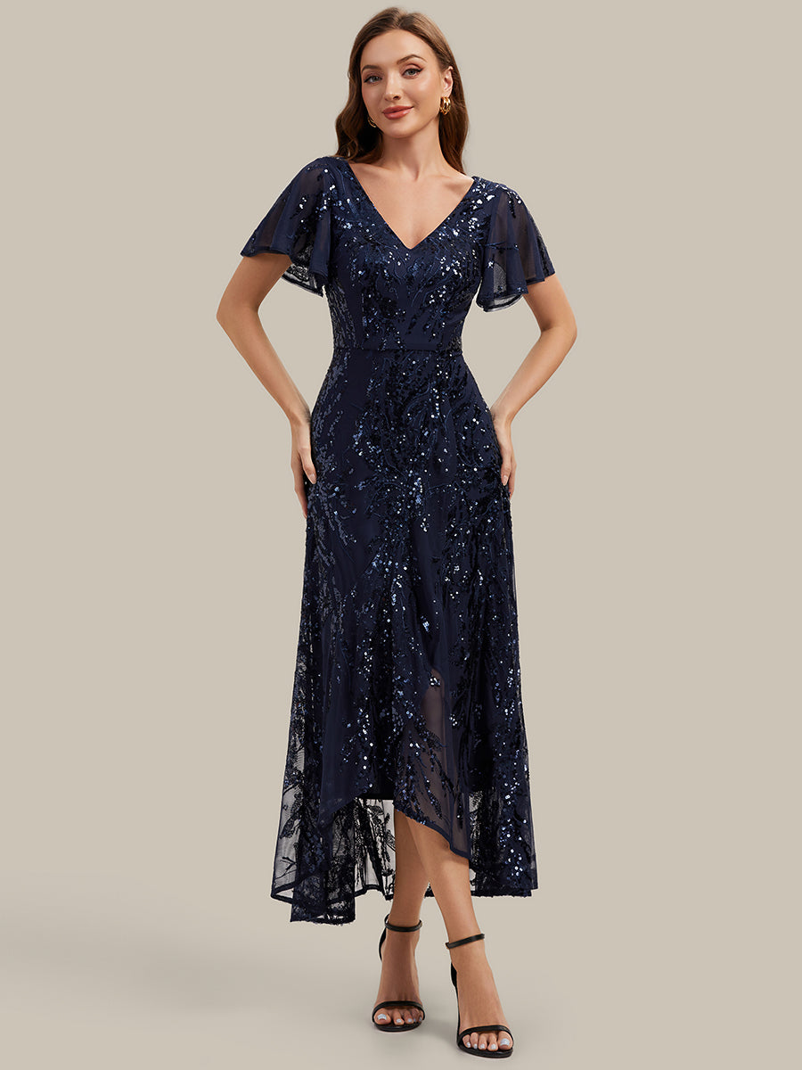Color=Navy Blue | One Stop Shop Short Sleeve Ruffle Sequin V-Neck High-Low Wedding Guest Dresses-Navy Blue 11