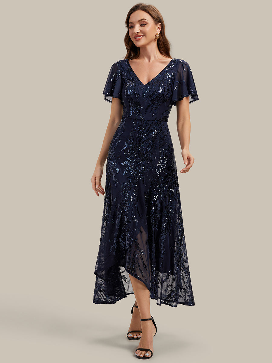 Color=Navy Blue | One Stop Shop Short Sleeve Ruffle Sequin V-Neck High-Low Wedding Guest Dresses-Navy Blue 15