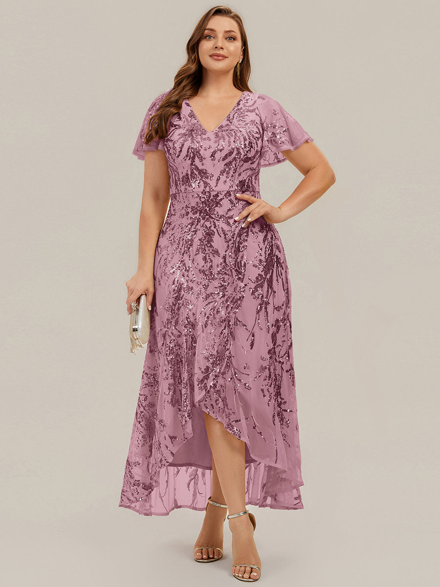 Color=Purple Orchid | One Stop Shop Short Sleeve Ruffle Sequin V-Neck High-Low Wedding Guest Dresses-Purple Orchid 26