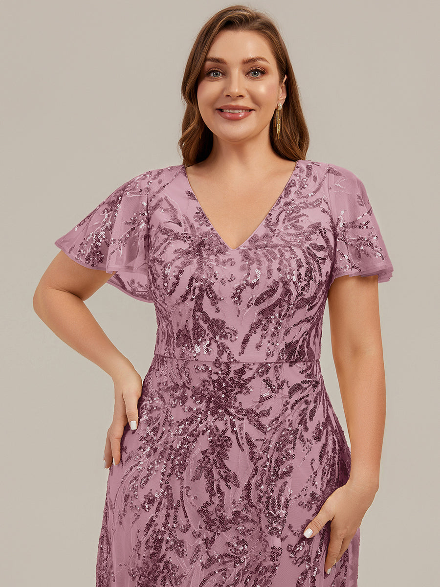 Color=Purple Orchid | One Stop Shop Short Sleeve Ruffle Sequin V-Neck High-Low Wedding Guest Dresses-Purple Orchid 28