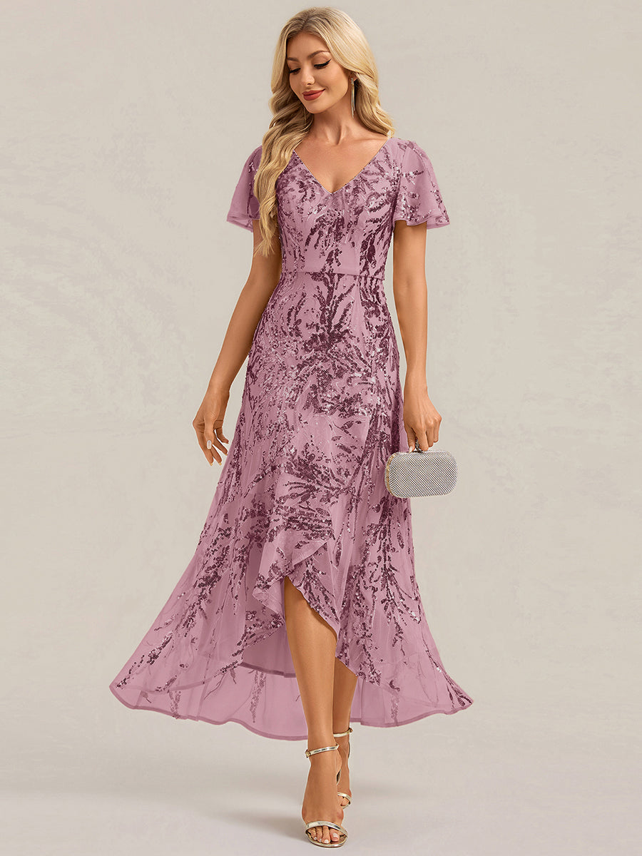 Color=Purple Orchid | One Stop Shop Short Sleeve Ruffle Sequin V-Neck High-Low Wedding Guest Dresses-Purple Orchid 21