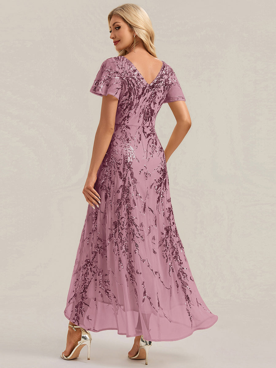 Color=Purple Orchid | One Stop Shop Short Sleeve Ruffle Sequin V-Neck High-Low Wedding Guest Dresses-Purple Orchid 22