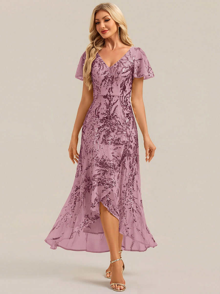 Color=Purple Orchid | One Stop Shop Short Sleeve Ruffle Sequin V-Neck High-Low Wedding Guest Dresses-Purple Orchid 25
