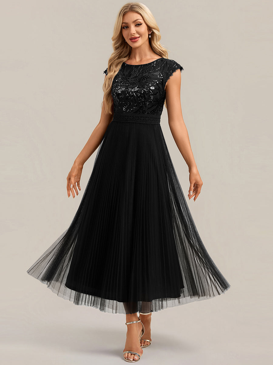 Color=Black | Wholesale Pricing Short Sleeve Cap Sequin Round Neck A-Line Tea Length Wedding Guest Dresses-Black 1