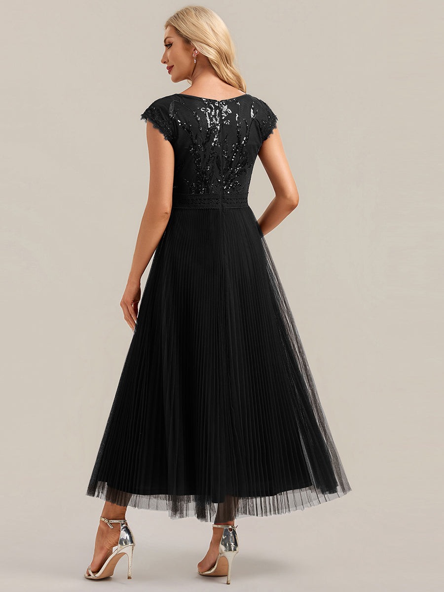 Color=Black | Wholesale Pricing Short Sleeve Cap Sequin Round Neck A-Line Tea Length Wedding Guest Dresses-Black 2
