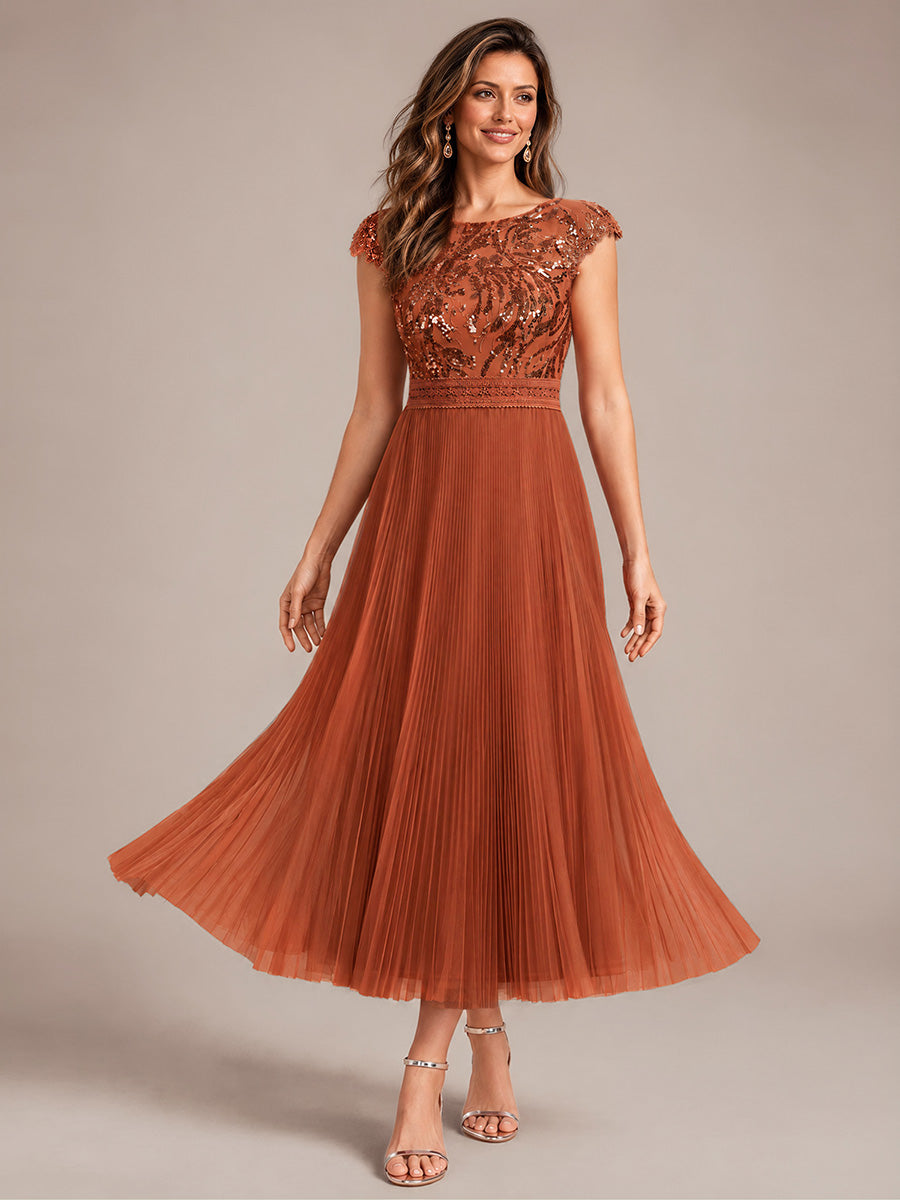 Color=Burnt Orange | Wholesale Pricing Short Sleeve Cap Sequin Round Neck A-Line Tea Length Wedding Guest Dresses - Burnt Orange 1