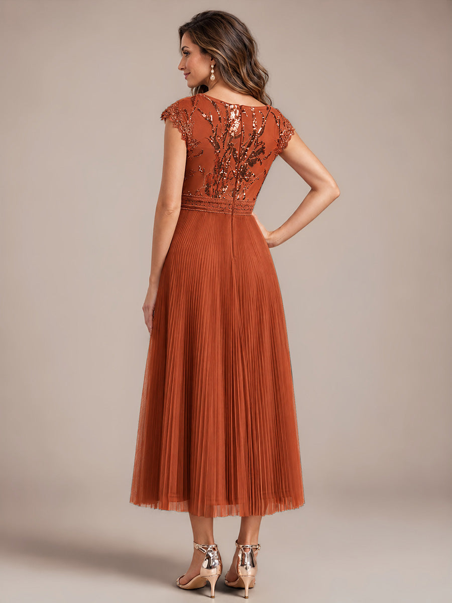 Color=Burnt Orange | Wholesale Pricing Short Sleeve Cap Sequin Round Neck A-Line Tea Length Wedding Guest Dresses - Burnt Orange