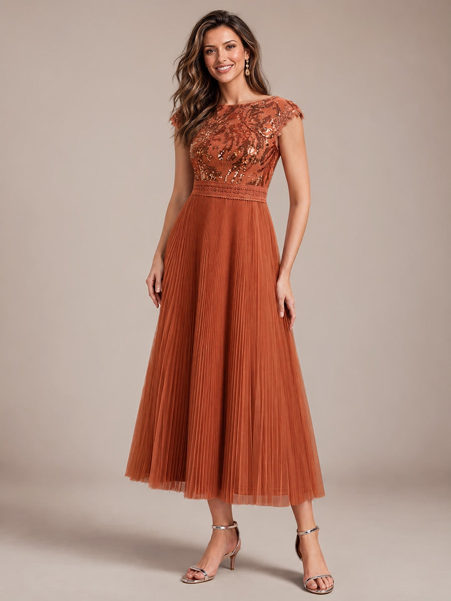Color=Burnt Orange | Wholesale Pricing Short Sleeve Cap Sequin Round Neck A-Line Tea Length Wedding Guest Dresses - Burnt Orange