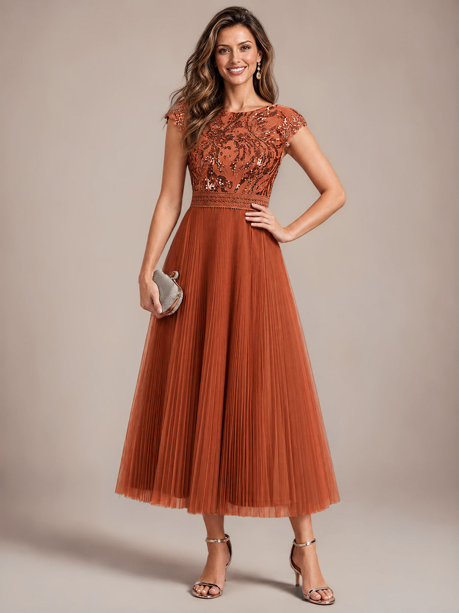 Color=Burnt Orange | Wholesale Pricing Short Sleeve Cap Sequin Round Neck A-Line Tea Length Wedding Guest Dresses - Burnt Orange