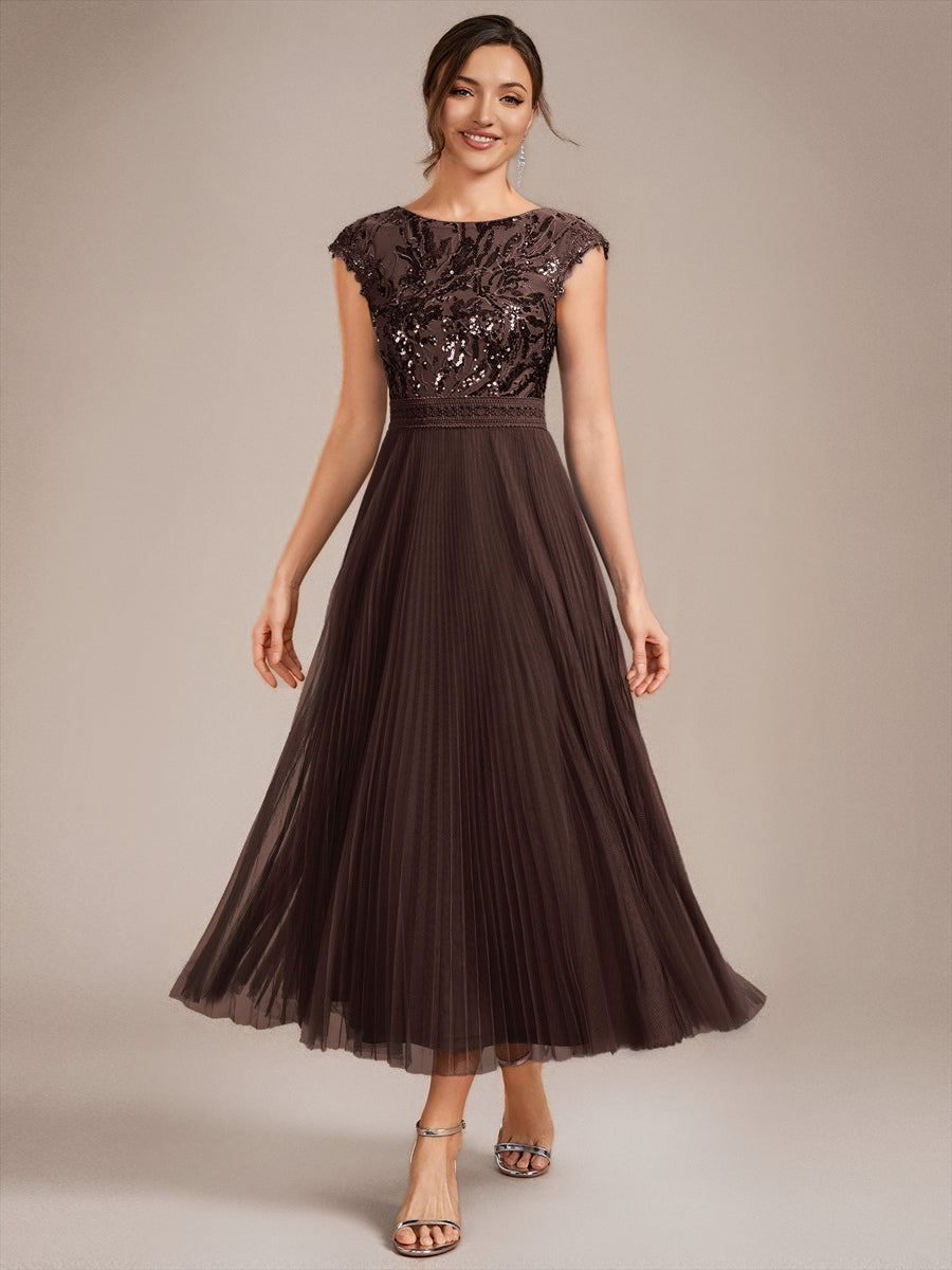 Color=Chocolate Brown | Wholesale Pricing Short Sleeve Cap Sequin Round Neck A-Line Tea Length Wedding Guest Dresses - Chocolate Brown 1