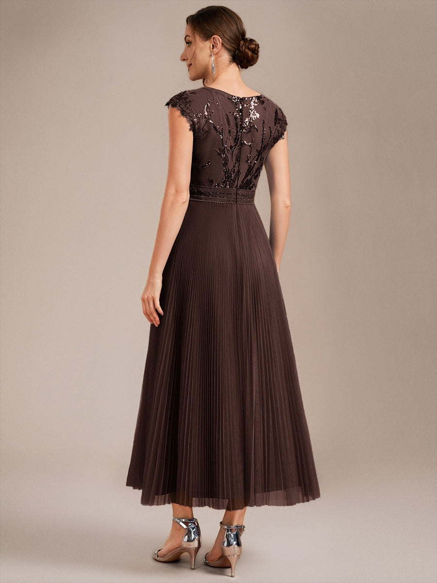 Color=Chocolate Brown | Wholesale Pricing Short Sleeve Cap Sequin Round Neck A-Line Tea Length Wedding Guest Dresses - Chocolate Brown 2