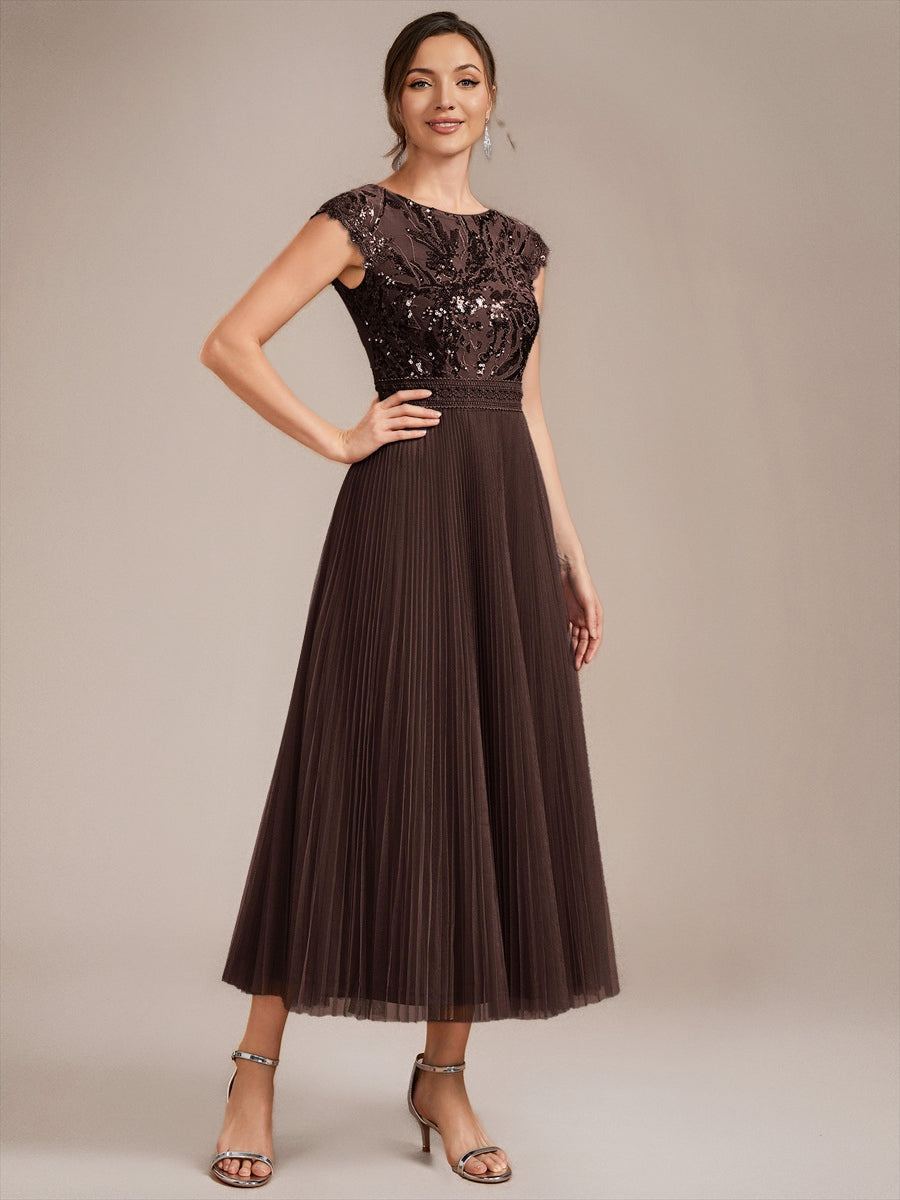 Color=Chocolate Brown | Wholesale Pricing Short Sleeve Cap Sequin Round Neck A-Line Tea Length Wedding Guest Dresses - Chocolate Brown 3