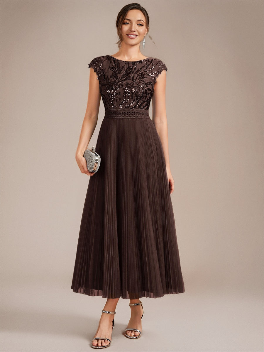 Color=Chocolate Brown | Wholesale Pricing Short Sleeve Cap Sequin Round Neck A-Line Tea Length Wedding Guest Dresses - Chocolate Brown 4
