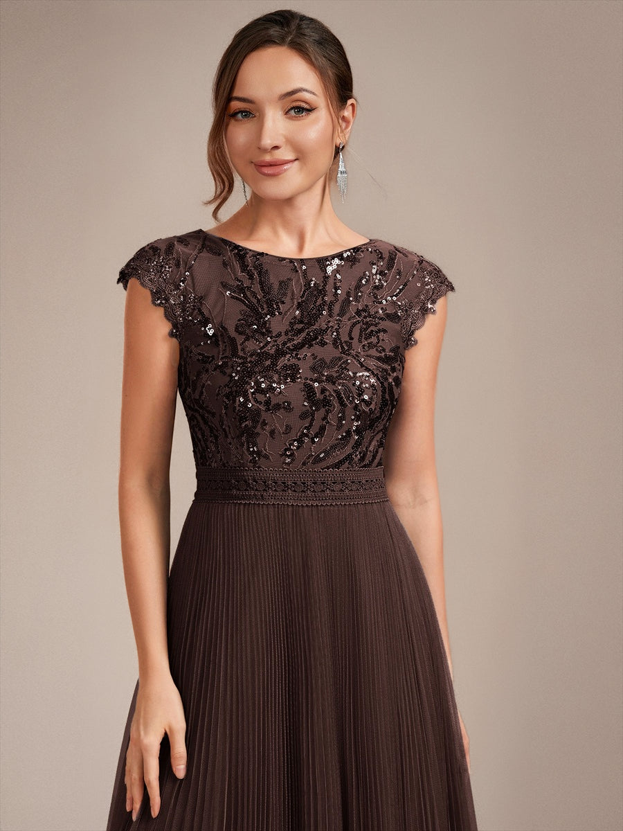 Color=Chocolate Brown | Wholesale Pricing Short Sleeve Cap Sequin Round Neck A-Line Tea Length Wedding Guest Dresses - Chocolate Brown 5