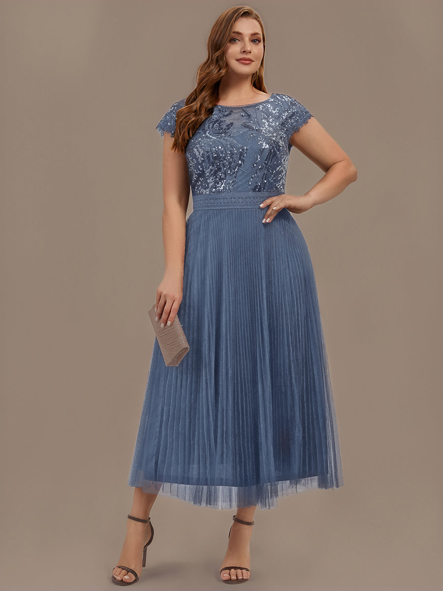 Color=Dusty Blue | One Stop Shop Short Sleeve Cap Sequin Round Neck A-Line Tea Length Wedding Guest Dresses-Dusty Blue 16