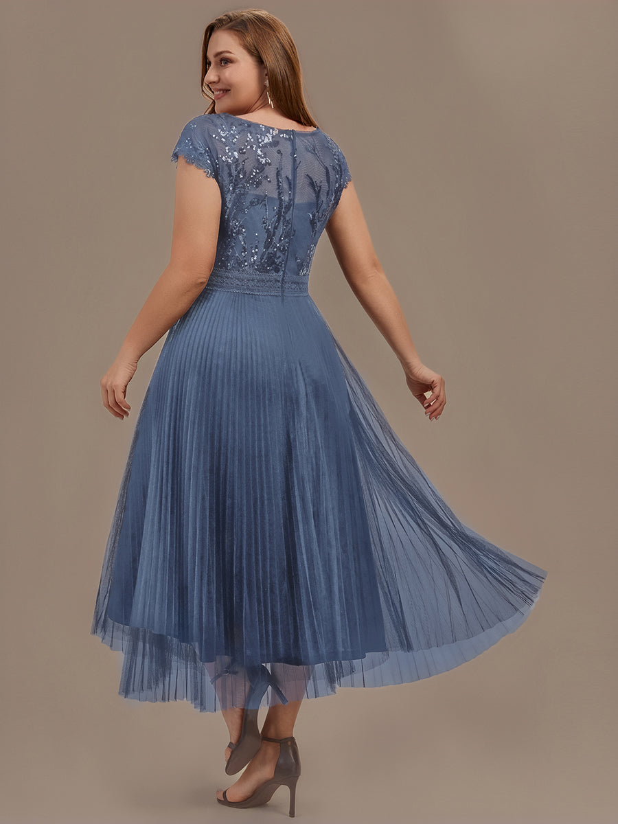 Color=Dusty Blue | One Stop Shop Short Sleeve Cap Sequin Round Neck A-Line Tea Length Wedding Guest Dresses-Dusty Blue 17