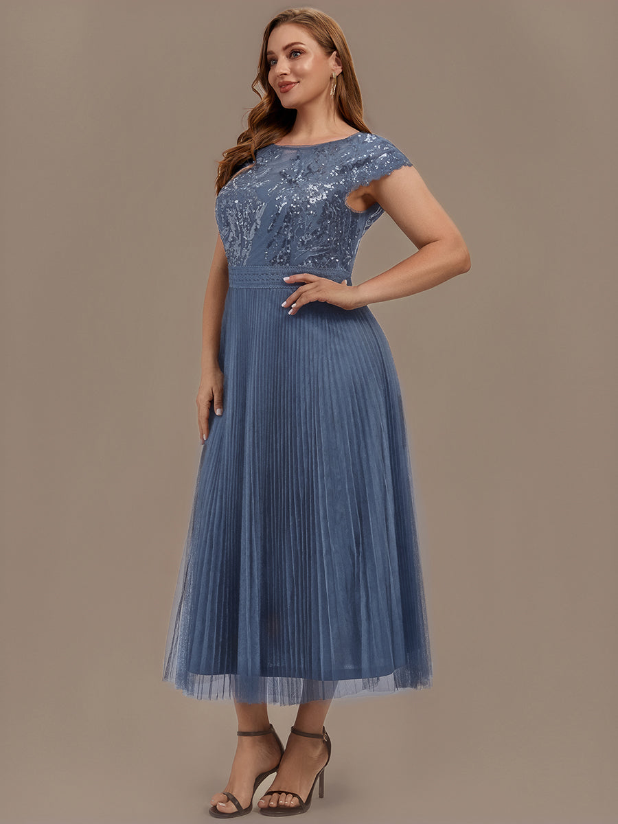 Color=Dusty Blue | One Stop Shop Short Sleeve Cap Sequin Round Neck A-Line Tea Length Wedding Guest Dresses-Dusty Blue 19