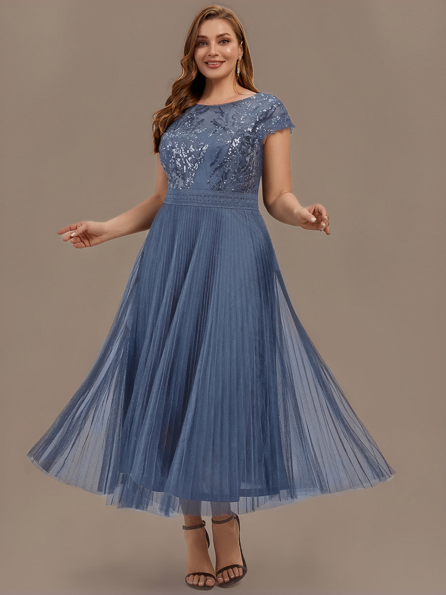 Color=Dusty Blue | One Stop Shop Short Sleeve Cap Sequin Round Neck A-Line Tea Length Wedding Guest Dresses-Dusty Blue 20