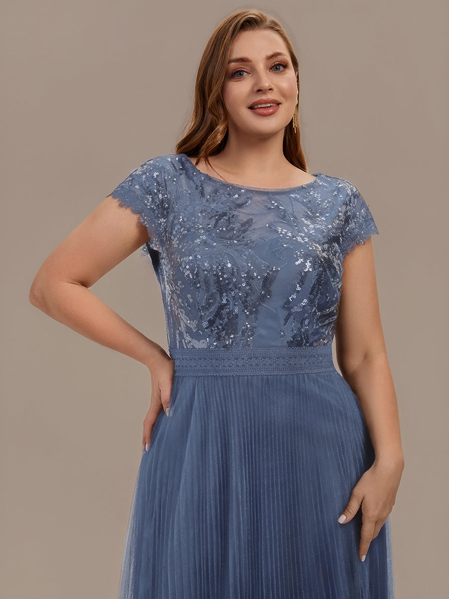 Color=Dusty Blue | One Stop Shop Short Sleeve Cap Sequin Round Neck A-Line Tea Length Wedding Guest Dresses-Dusty Blue 18